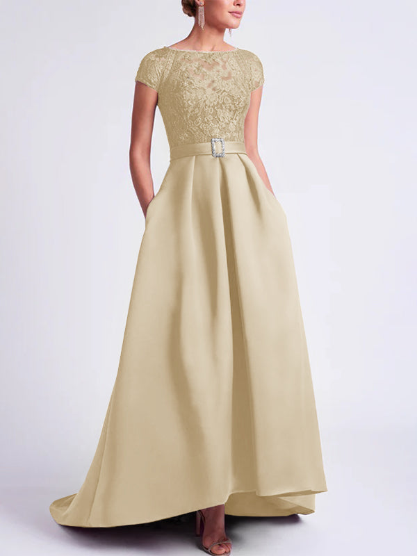 Asymmetrical A-Line Mother of the Bride Dress with Scoop Neck and Short Sleeves