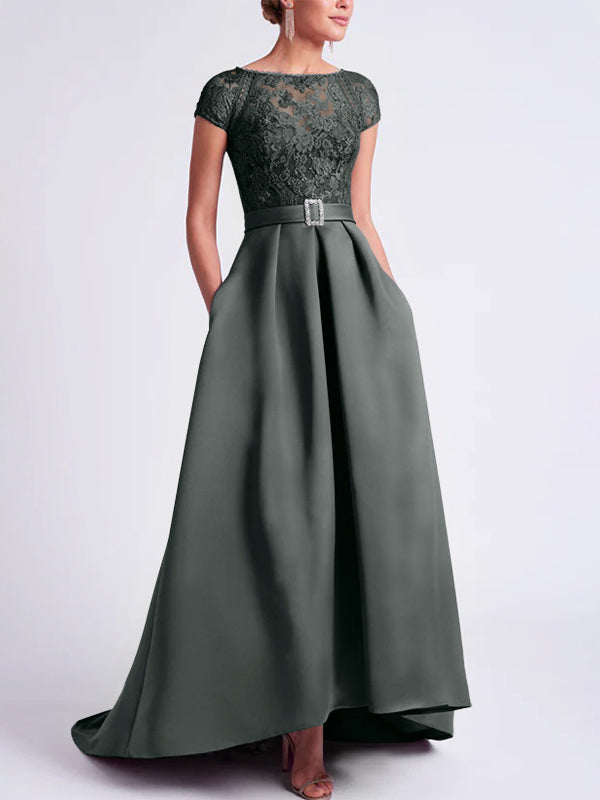 Asymmetrical A-Line Mother of the Bride Dress with Scoop Neck and Short Sleeves