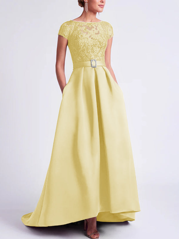 Asymmetrical A-Line Mother of the Bride Dress with Scoop Neck and Short Sleeves