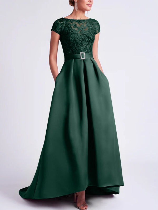 Asymmetrical A-Line Mother of the Bride Dress with Scoop Neck and Short Sleeves