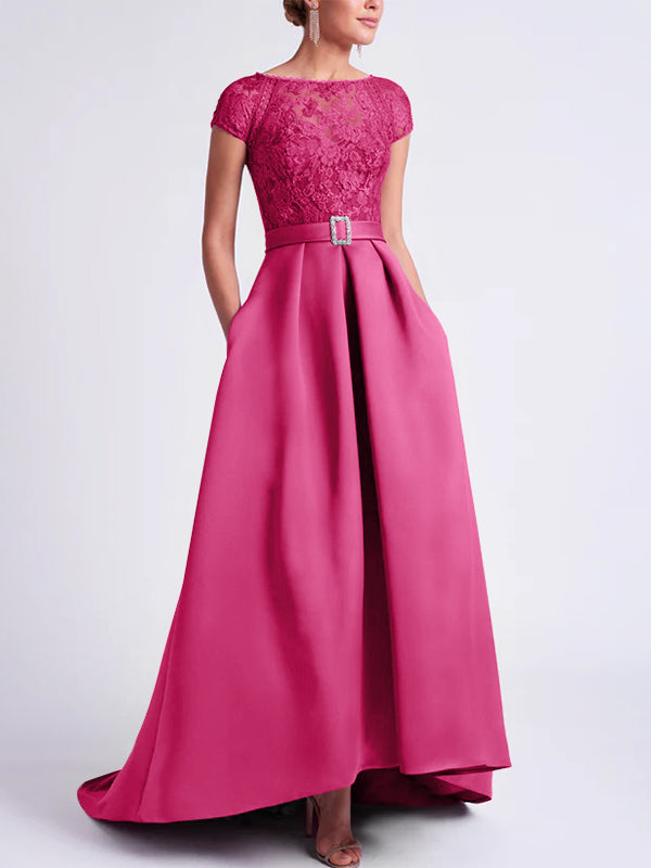 Asymmetrical A-Line Mother of the Bride Dress with Scoop Neck and Short Sleeves