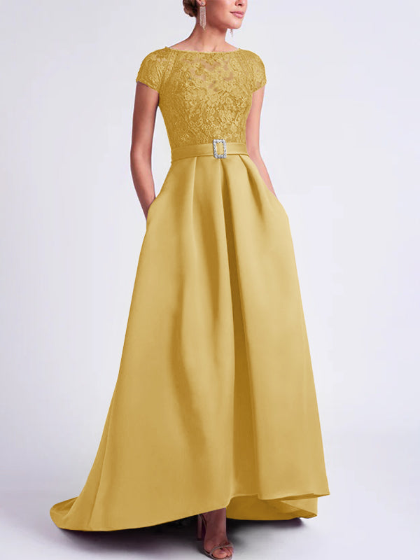 Asymmetrical A-Line Mother of the Bride Dress with Scoop Neck and Short Sleeves