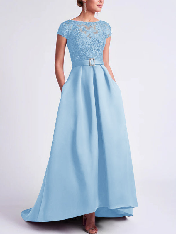 Asymmetrical A-Line Mother of the Bride Dress with Scoop Neck and Short Sleeves