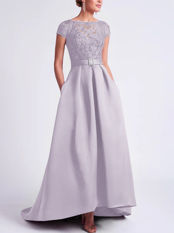 Asymmetrical A-Line Mother of the Bride Dress with Scoop Neck and Short Sleeves