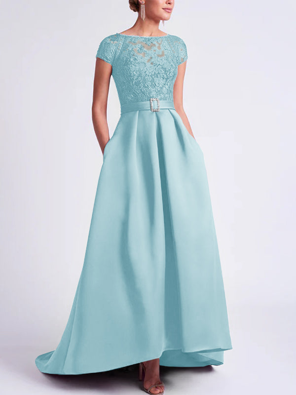 Asymmetrical A-Line Mother of the Bride Dress with Scoop Neck and Short Sleeves