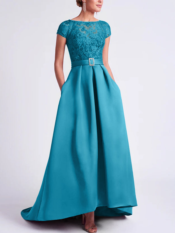 Asymmetrical A-Line Mother of the Bride Dress with Scoop Neck and Short Sleeves