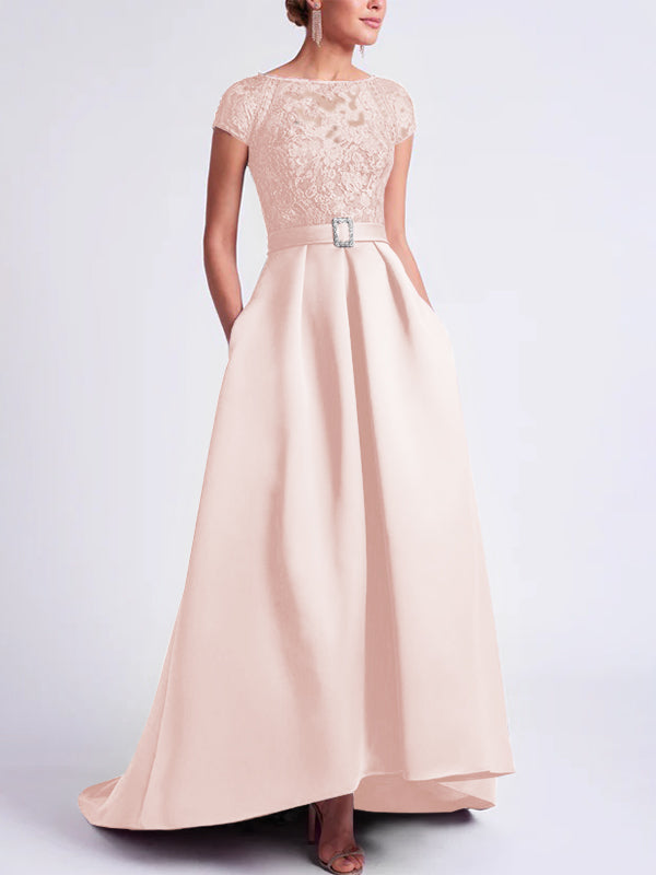 Asymmetrical A-Line Mother of the Bride Dress with Scoop Neck and Short Sleeves
