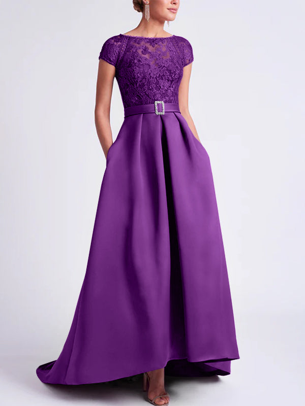 Asymmetrical A-Line Mother of the Bride Dress with Scoop Neck and Short Sleeves