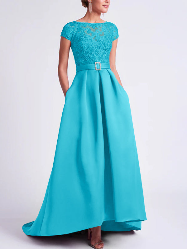Asymmetrical A-Line Mother of the Bride Dress with Scoop Neck and Short Sleeves