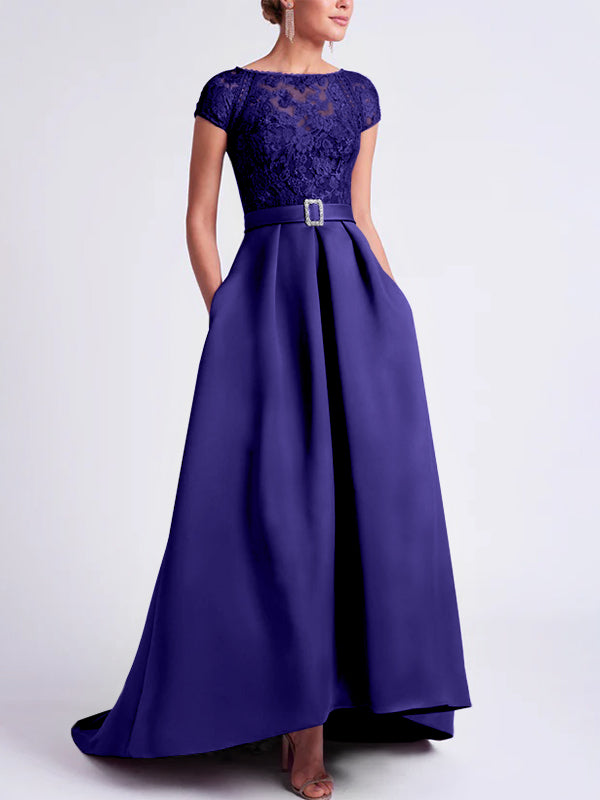 Asymmetrical A-Line Mother of the Bride Dress with Scoop Neck and Short Sleeves