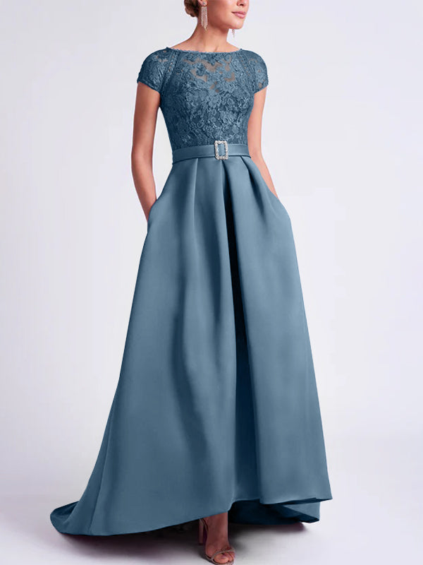 Asymmetrical A-Line Mother of the Bride Dress with Scoop Neck and Short Sleeves