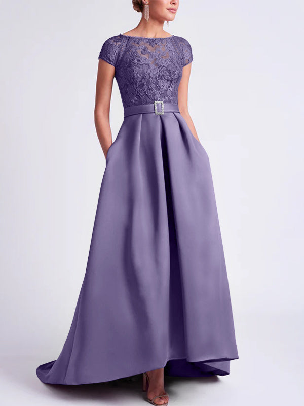 Asymmetrical A-Line Mother of the Bride Dress with Scoop Neck and Short Sleeves
