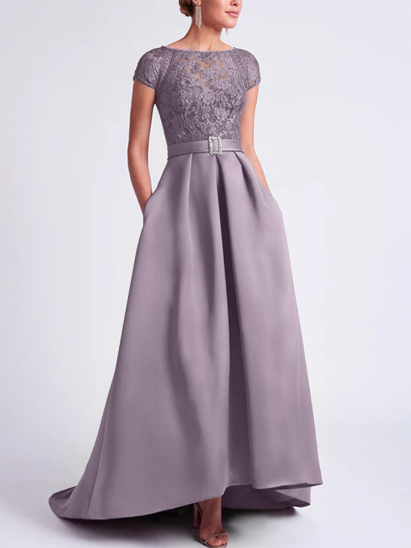 Asymmetrical A-Line Mother of the Bride Dress with Scoop Neck and Short Sleeves