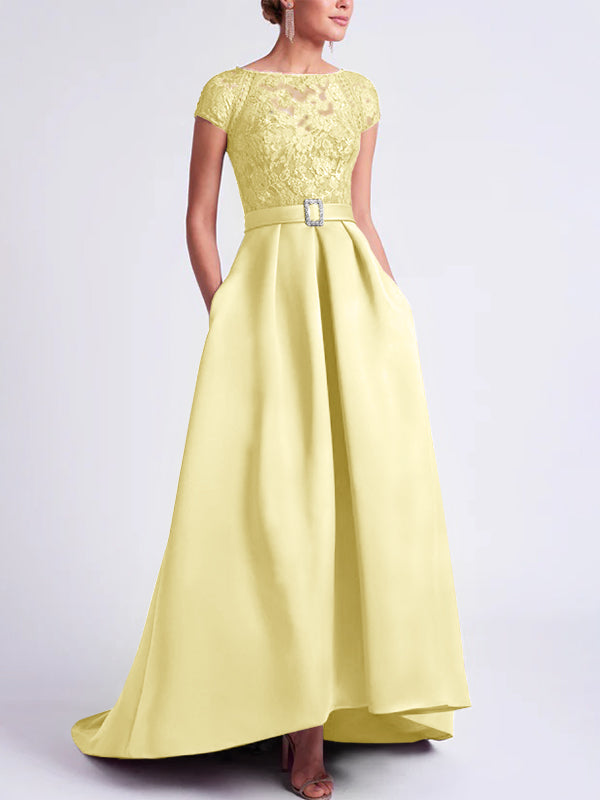 Asymmetrical A-Line Mother of the Bride Dress with Scoop Neck and Short Sleeves