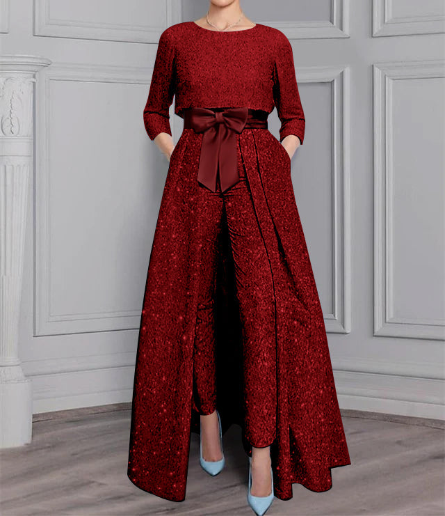 2-Piece Long-Sleeve Mother of the Bride Pantsuit with Sash and Sequins