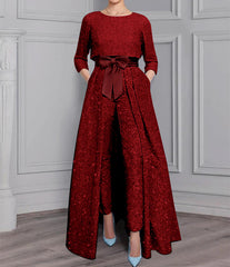 2-Piece Long-Sleeve Mother of the Bride Pantsuit with Sash and Sequins