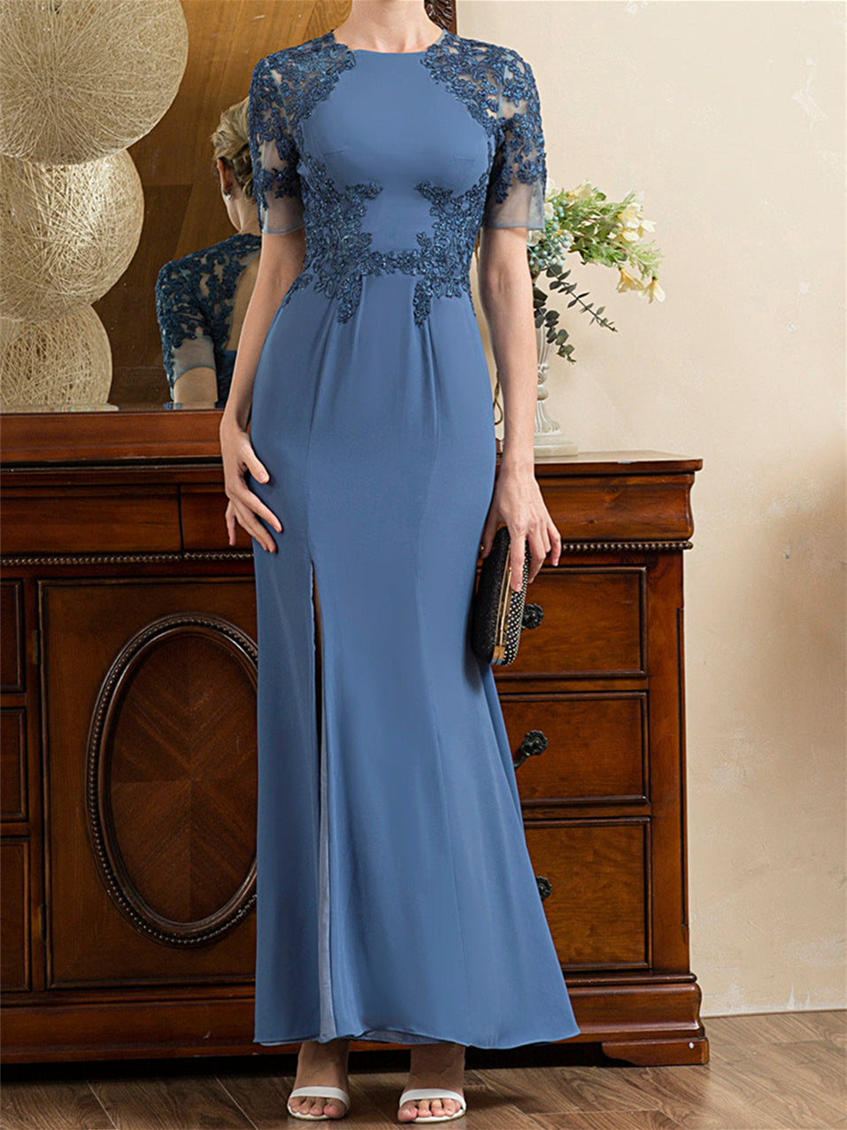 Short Sleeve Ankle-Length Trumpet/Mermaid Mother of the Bride Dress with Slit