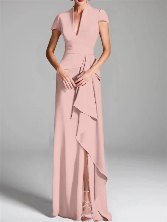 V-Neck Short-Sleeve Floor-Length Mother of the Bride Gown with Side Split