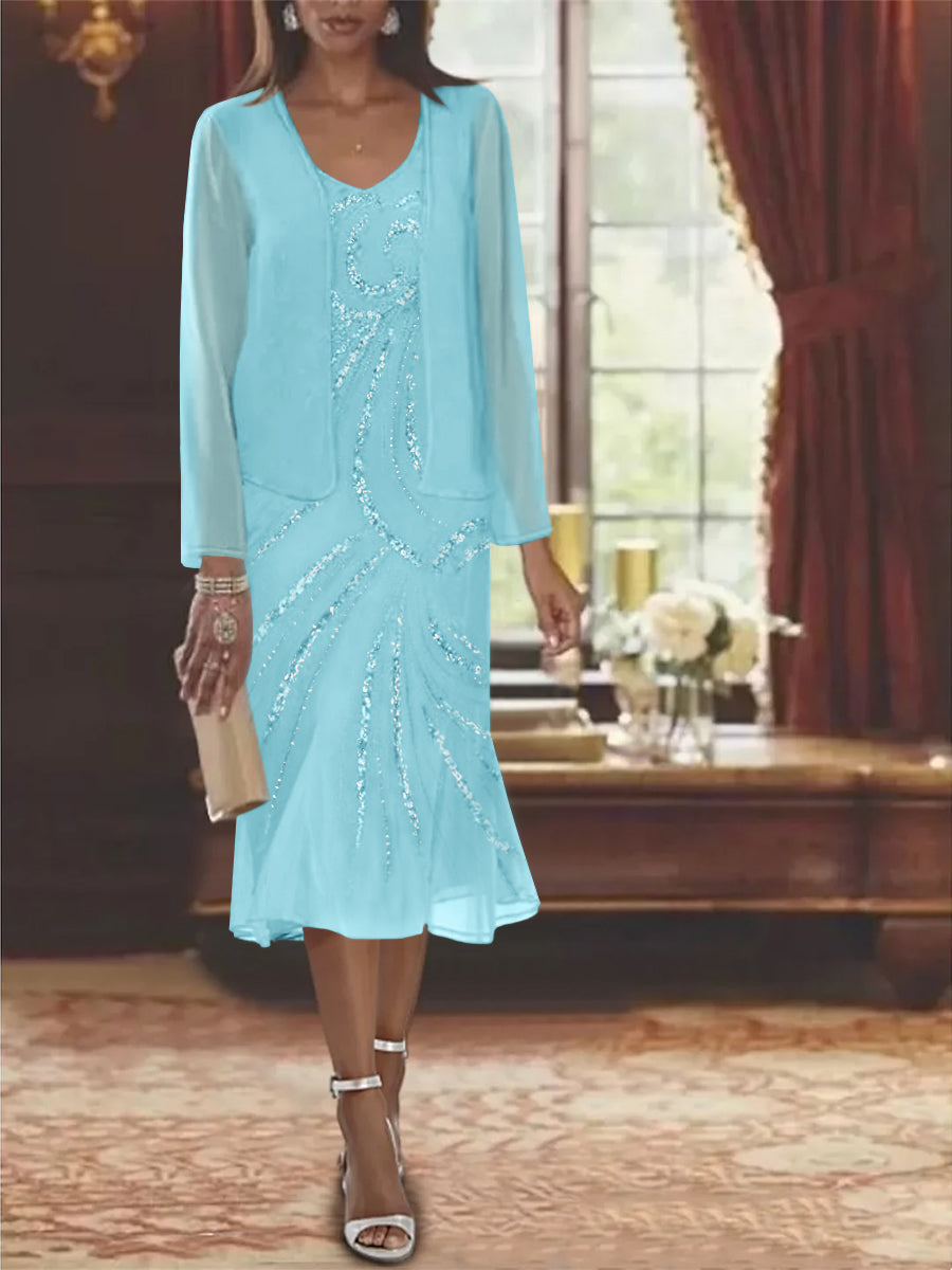 2-Piece V-Neck Chiffon Mother of the Bride Dress Set with Knee-Length Jacket and Sequins