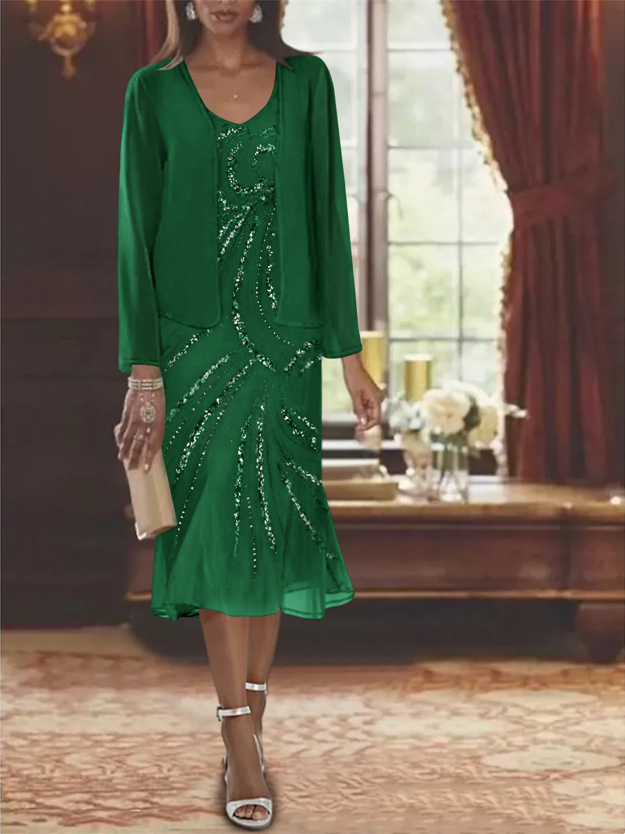 2-Piece V-Neck Chiffon Mother of the Bride Dress Set with Knee-Length Jacket and Sequins