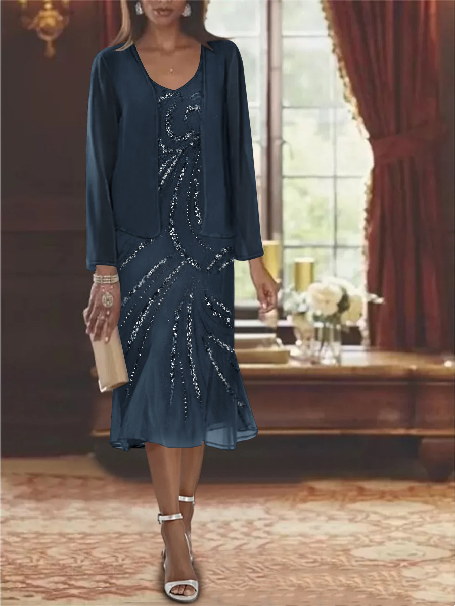 2-Piece V-Neck Chiffon Mother of the Bride Dress Set with Knee-Length Jacket and Sequins