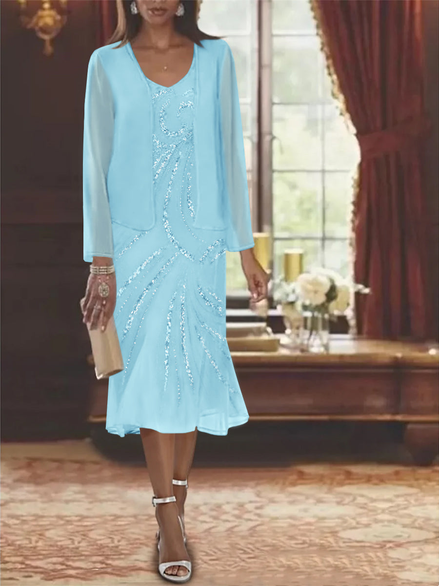 2-Piece V-Neck Chiffon Mother of the Bride Dress Set with Knee-Length Jacket and Sequins