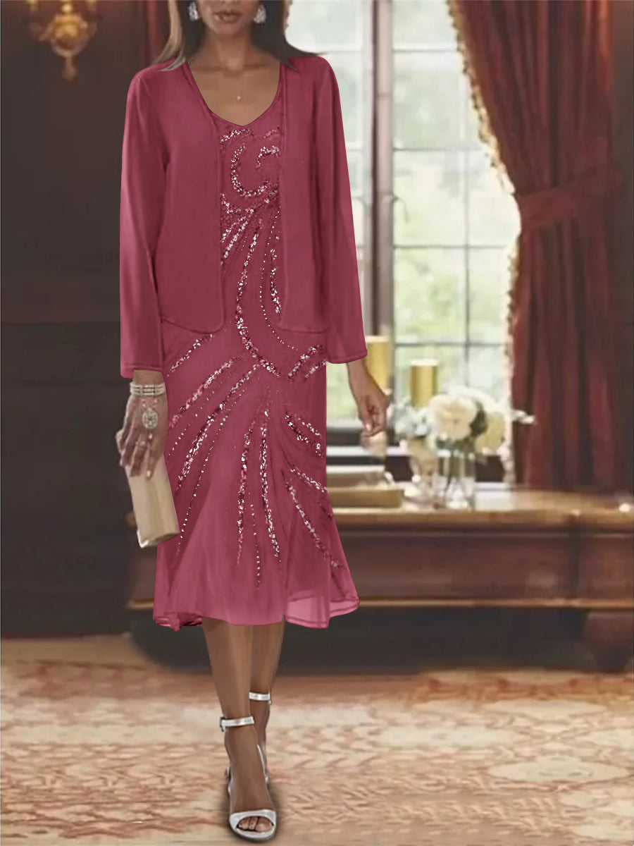 2-Piece V-Neck Chiffon Mother of the Bride Dress Set with Knee-Length Jacket and Sequins