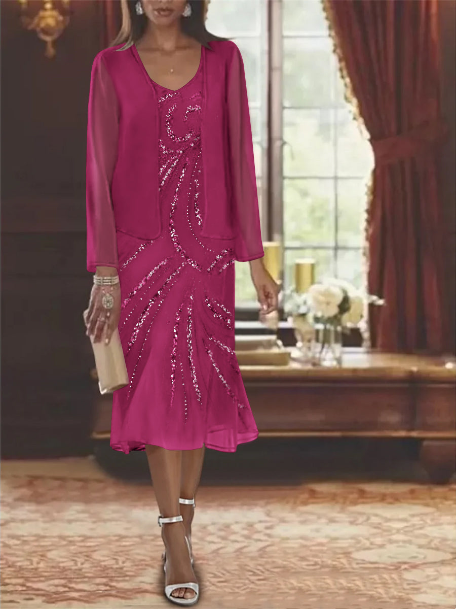 2-Piece V-Neck Chiffon Mother of the Bride Dress Set with Knee-Length Jacket and Sequins