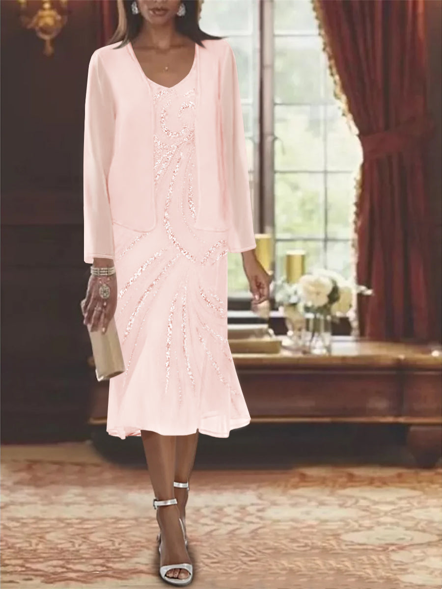 2-Piece V-Neck Chiffon Mother of the Bride Dress Set with Knee-Length Jacket and Sequins