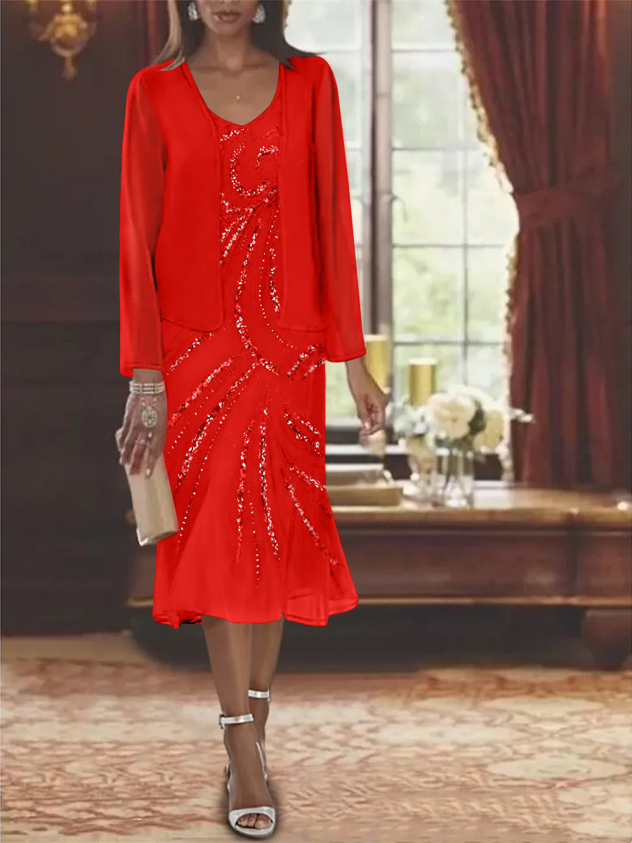 2-Piece V-Neck Chiffon Mother of the Bride Dress Set with Knee-Length Jacket and Sequins