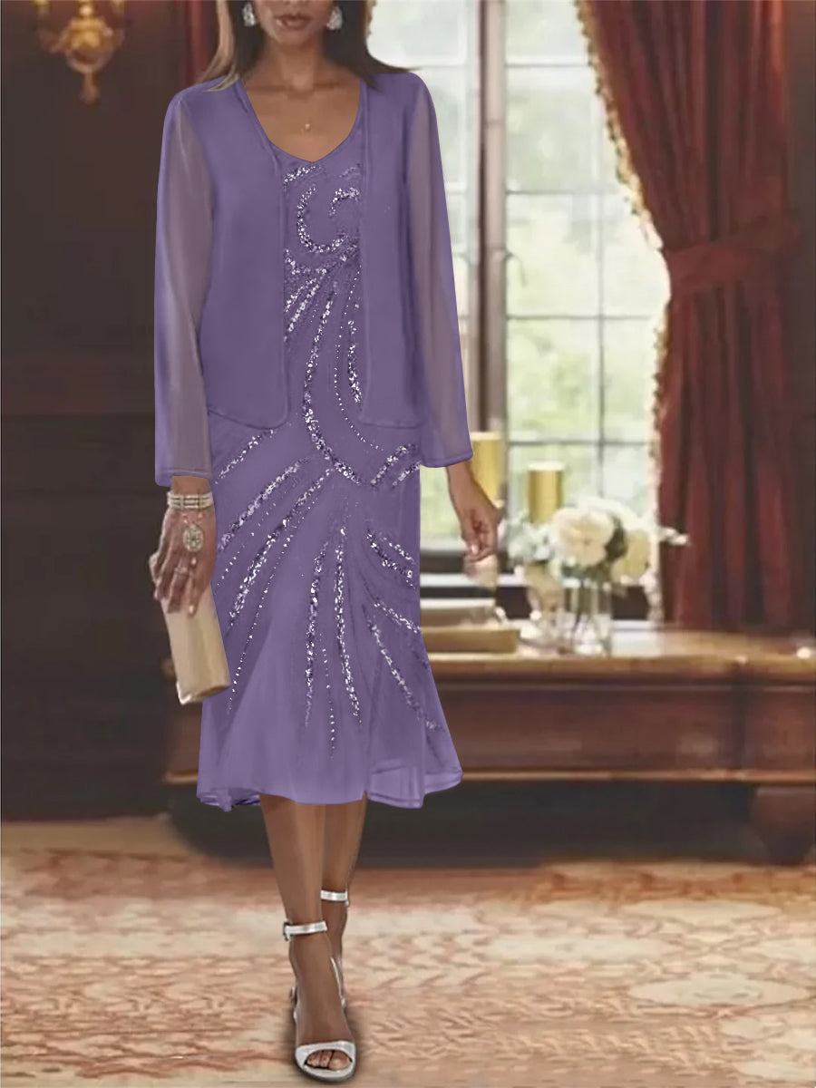 2-Piece V-Neck Chiffon Mother of the Bride Dress Set with Knee-Length Jacket and Sequins