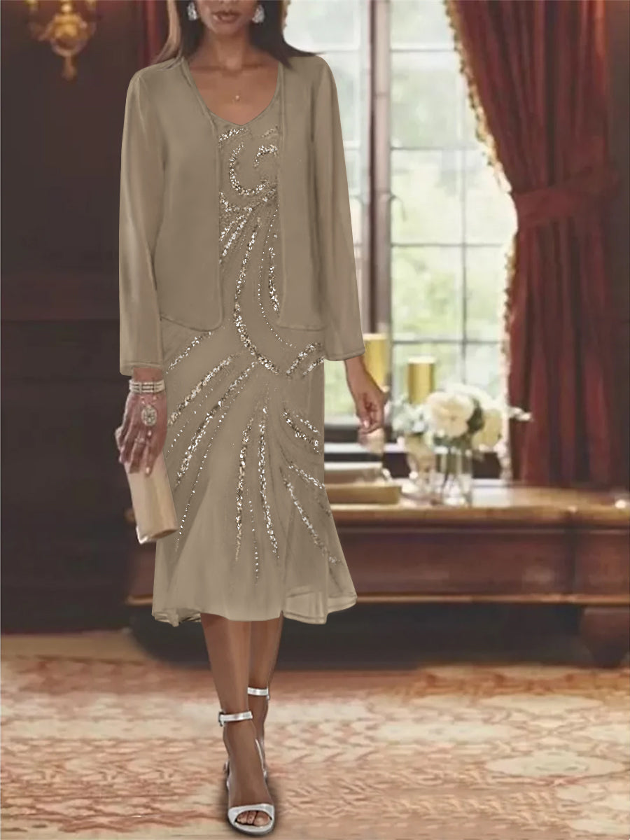 2-Piece V-Neck Chiffon Mother of the Bride Dress Set with Knee-Length Jacket and Sequins