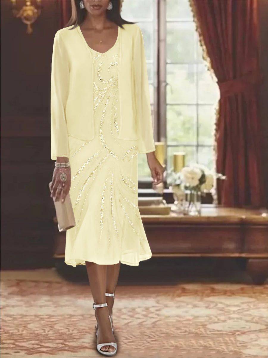 2-Piece V-Neck Chiffon Mother of the Bride Dress Set with Knee-Length Jacket and Sequins