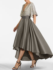 V-Neck A-Line Princess Asymmetrical Half-Sleeve Mother of the Bride Dress