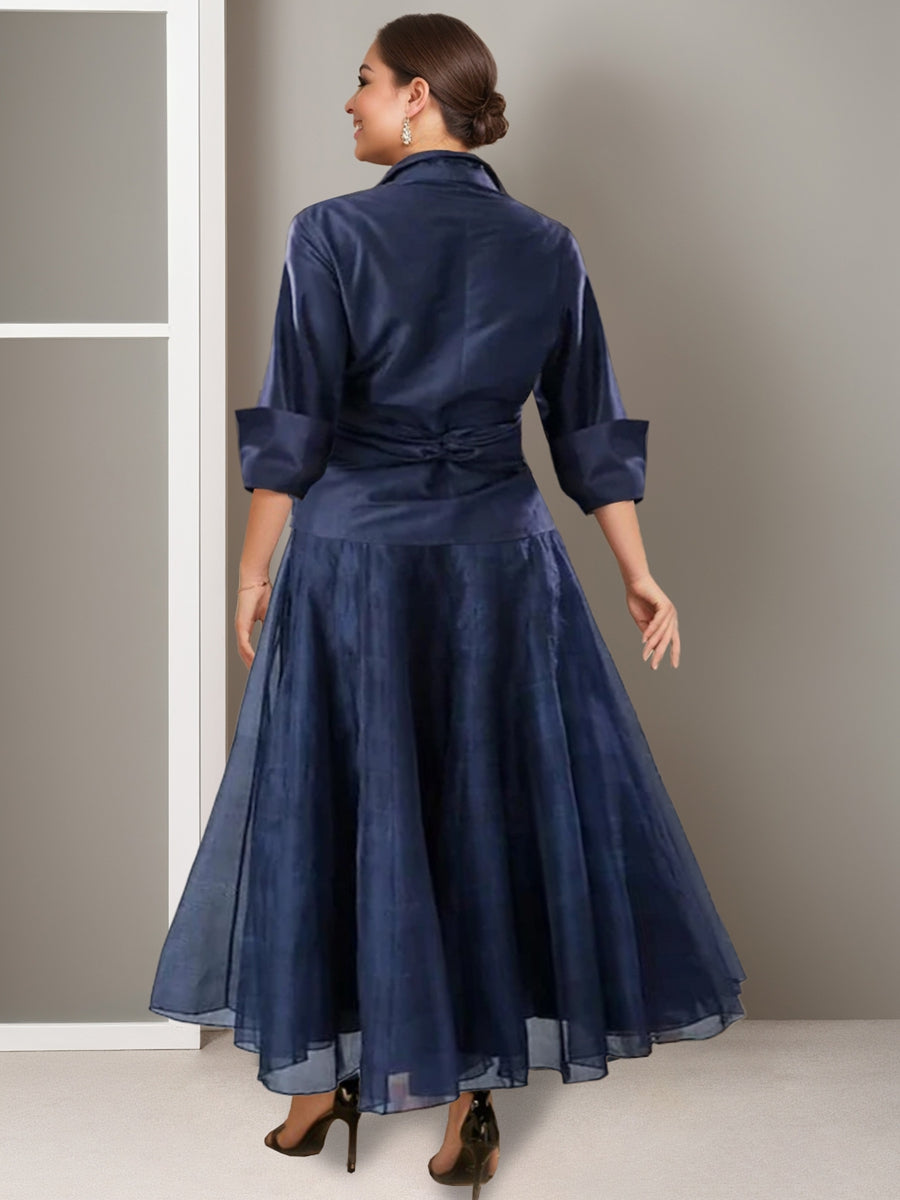 Plus Size V-Neck A-Line Princess Ankle-Length Ruched Mother of the Bride Dress with Half Sleeves