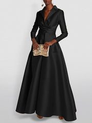 Floor-length V-Neck Evening Gowns with Long Sleeves in A-Line/Princess Cut
