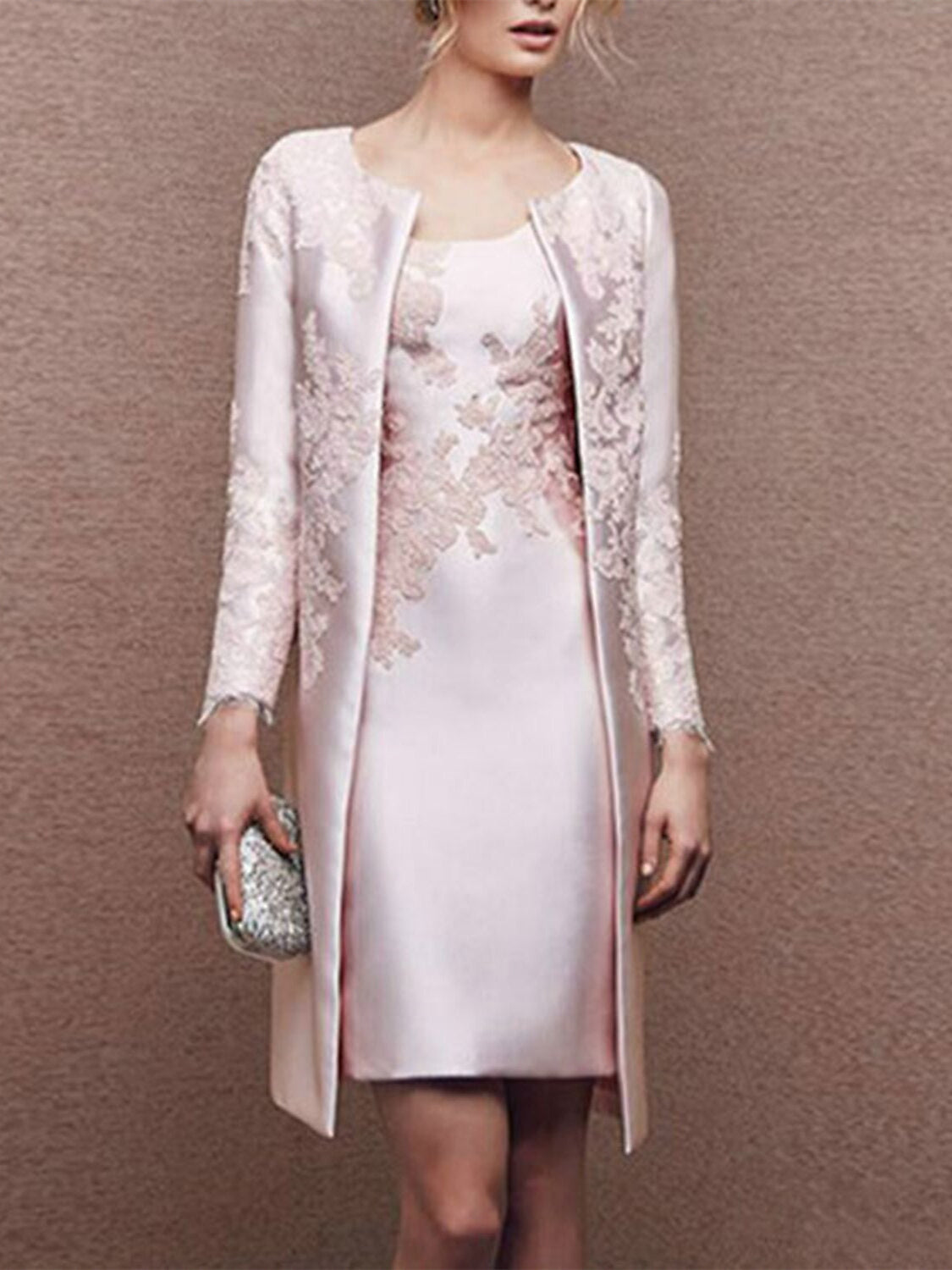 2 Knee-Length Satin Lace Sheath Dresses for Mothers of the Bride Sleeveless with Appliques