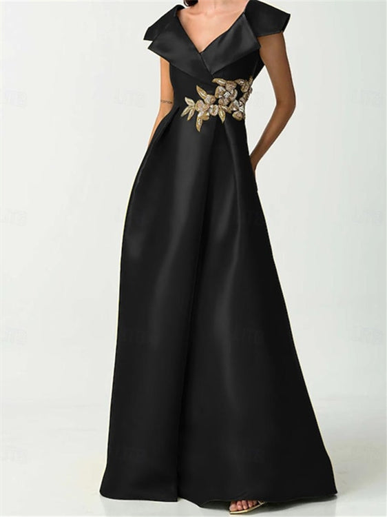Short Sleeve V-Neck Satin A-Line Dress with Rhinestones for the Mother of the Bride