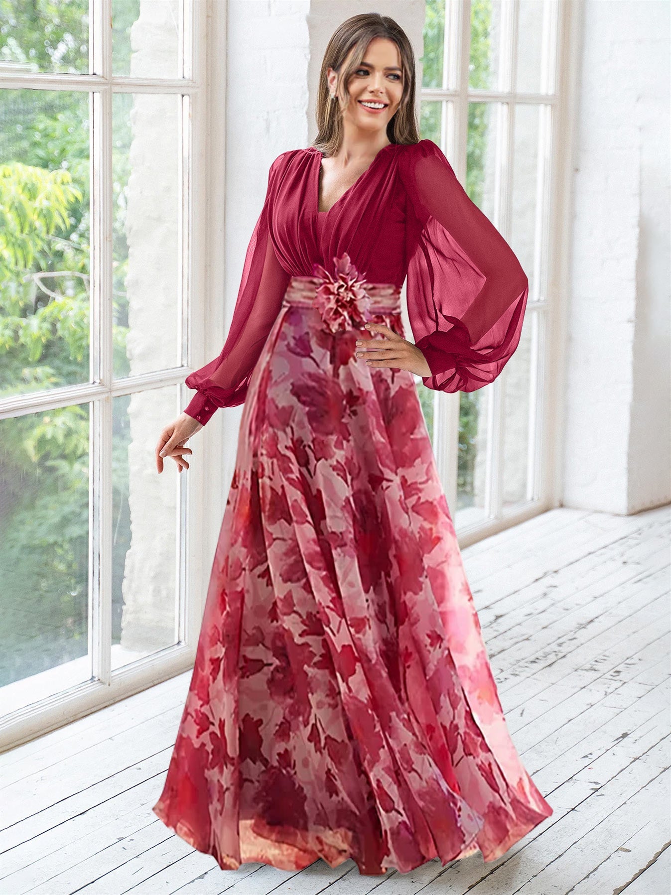 Floral Plus Size Mother of the Bride Dress with V-Neck and Long Sleeves