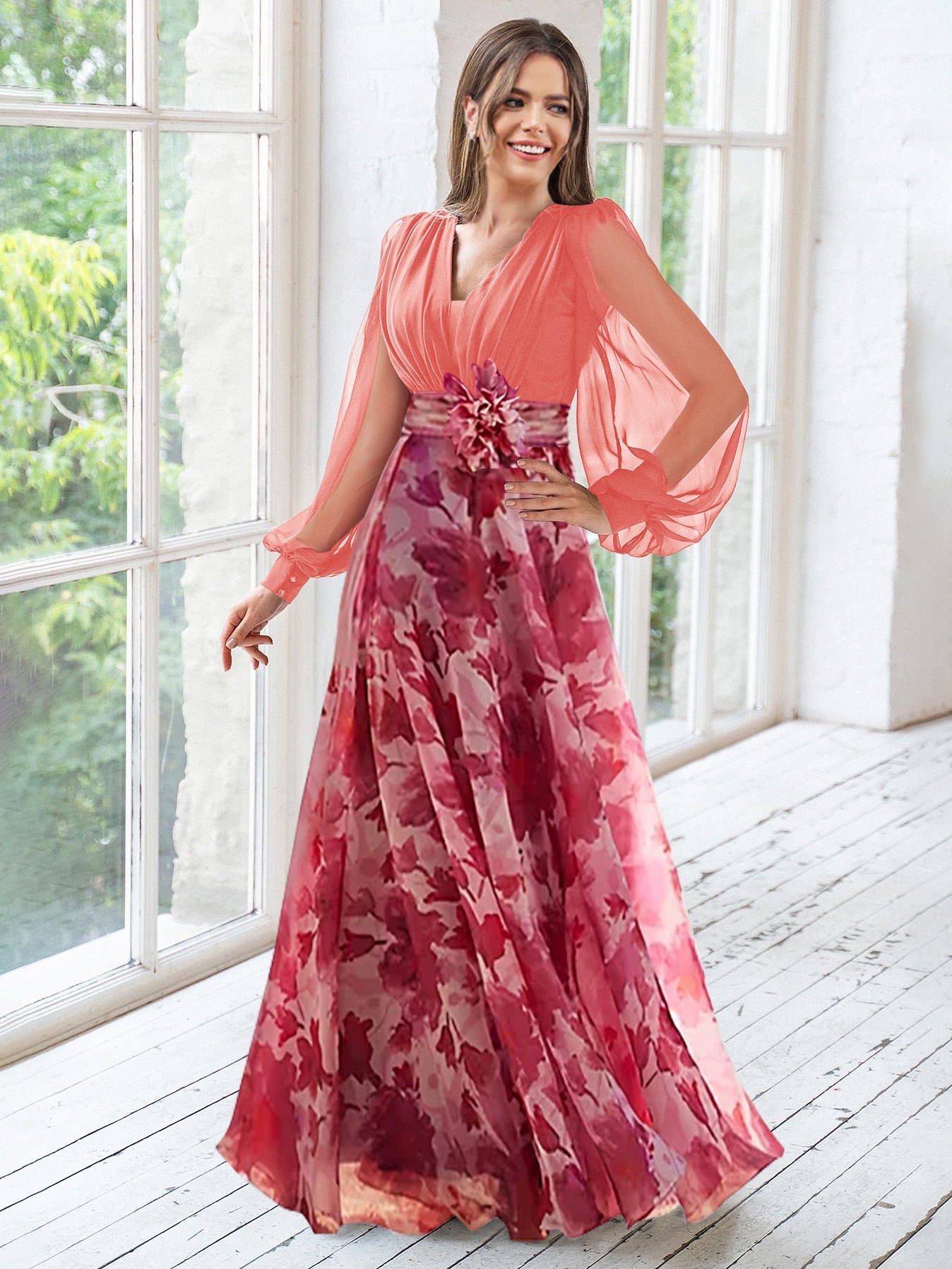 Floral Plus Size Mother of the Bride Dress with V-Neck and Long Sleeves