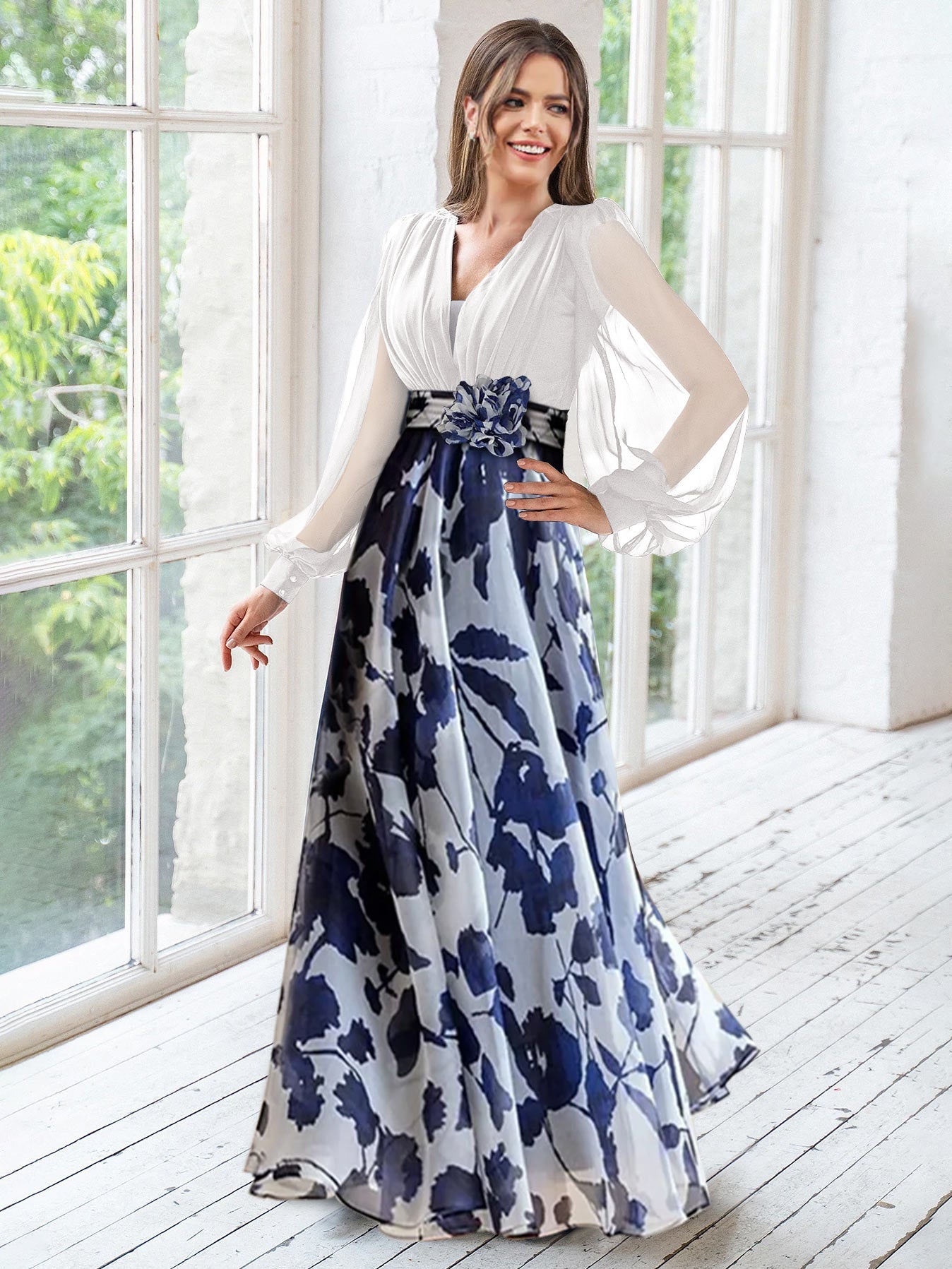 Floral Plus Size Mother of the Bride Dress with V-Neck and Long Sleeves