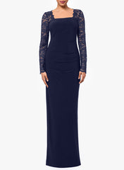Floor-Length Square Neck Jersey Gown with Long Sleeves and Lace