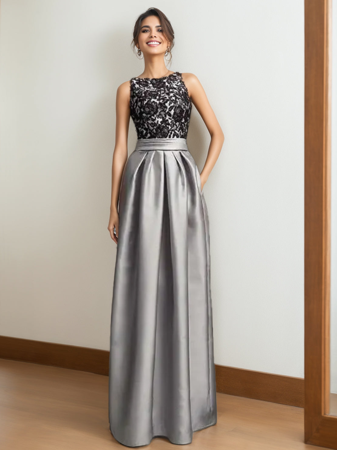 Princess A-Line Scoop Neck Sleeveless Pleated Mother of the Bride Dress with Lace Appliques