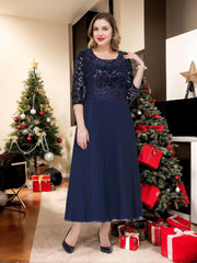 Princess A-Line Ankle-Length Plus Size Mother of the Bride Dress with Scoop 3/4 Sleeves and Appliques