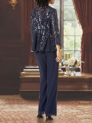 Ankle-Length 3-Piece Chiffon Pantsuit With Square Neck And Applique For Mother Of The Bride