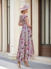 Princess A-Line Scoop Neck Short Sleeve Floral Print Mother of the Bride & Groom Dress