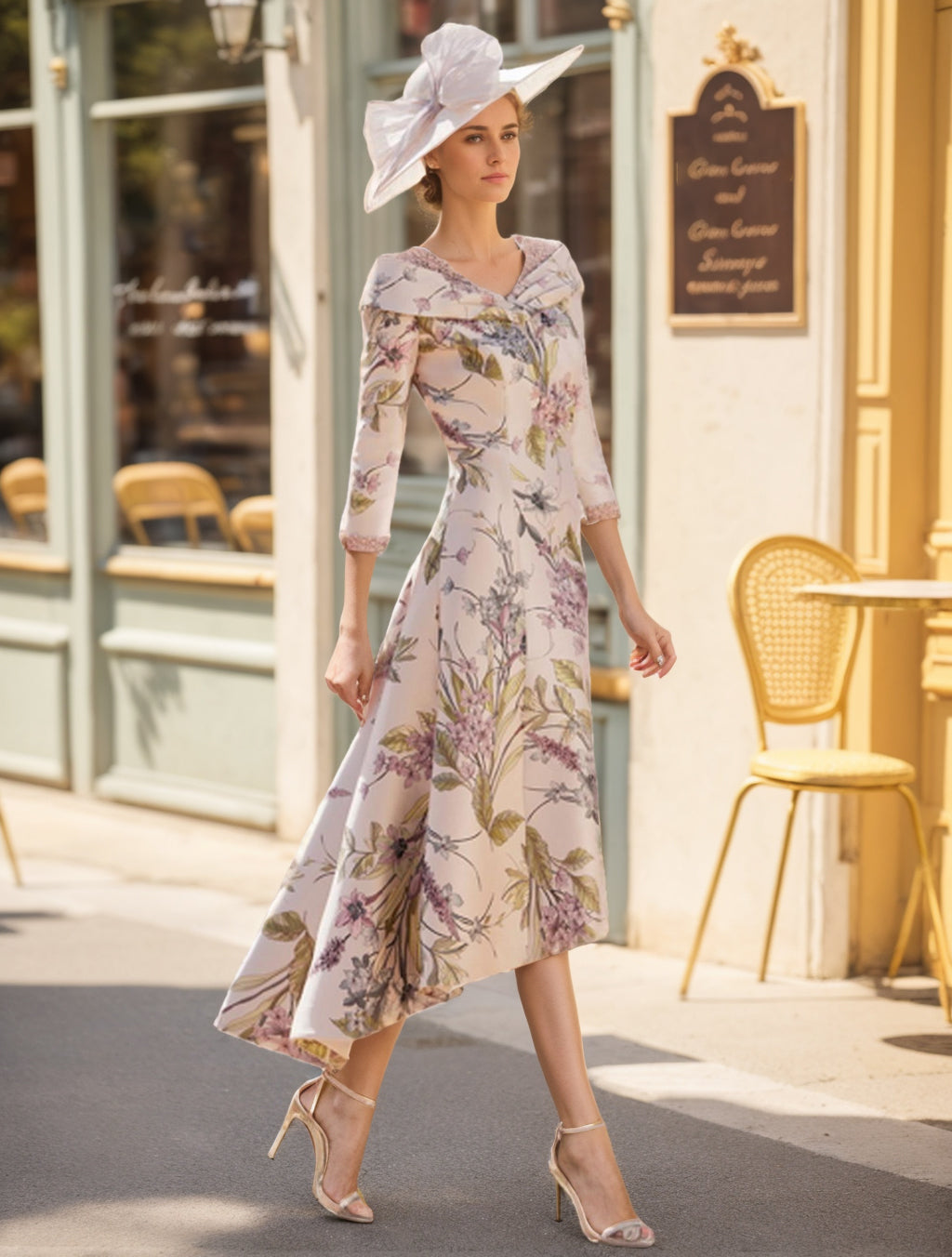 V-Neck A-Line Princess Dress with 3/4 Sleeves and Asymmetrical Floral Print for Mothers of the Bride & Groom