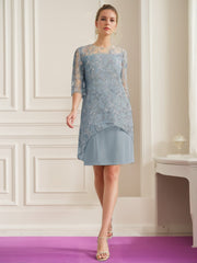 Knee-Length Scoop Neck A-Line Mother of the Bride Dress with Princess Cut and Appliques