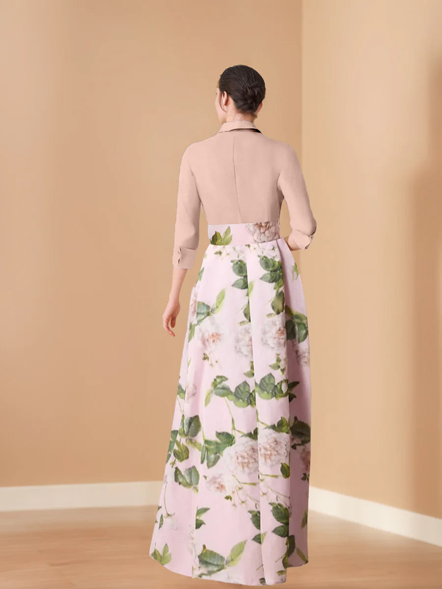 Printed Floral Plus Size Mother of the Bride A-Line Dress with V-Neck 3/4 Sleeves and Bow Belt
