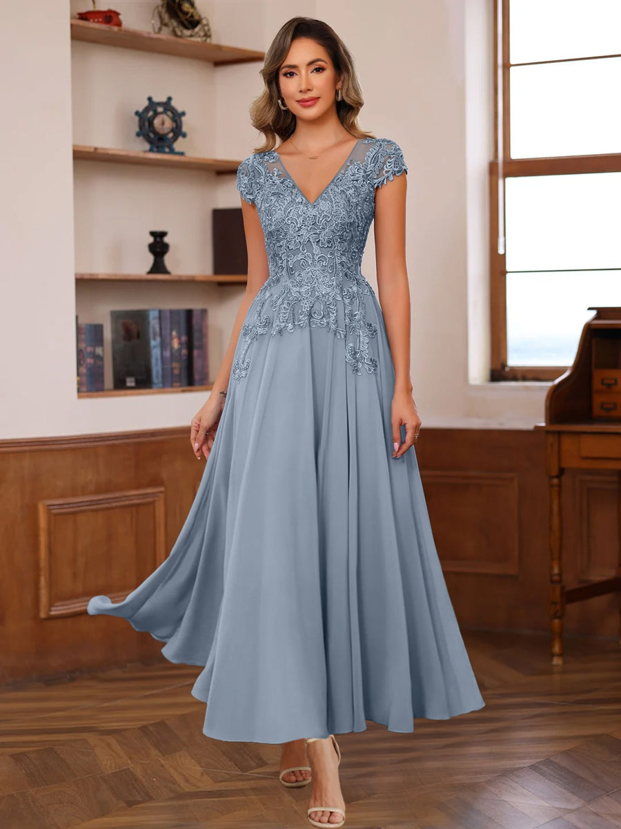 V-Neck A-Line Short Sleeve Ankle-Length Mother of the Bride Dress with Lace Appliques